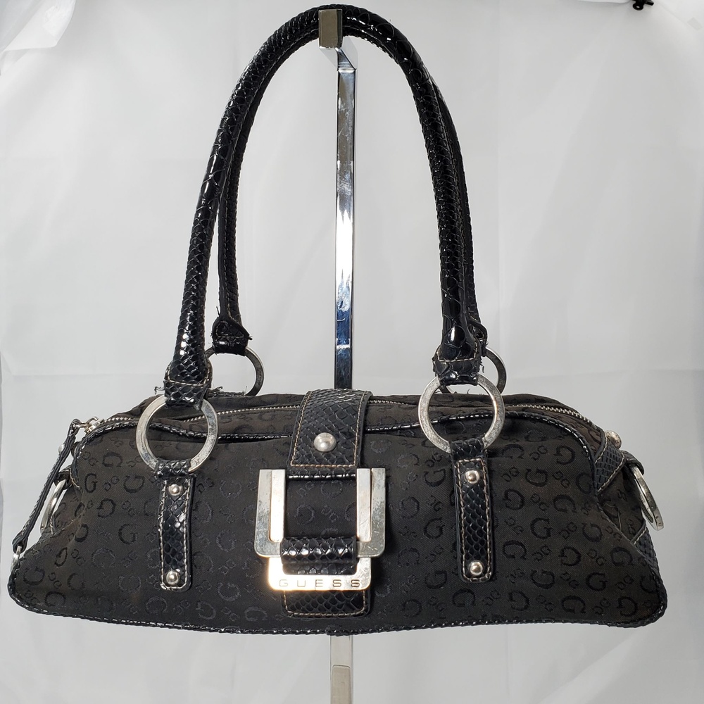 Vintage Y2K Guess Black Monogram Canvas Small Satchel Bag Buckle Snakeskin